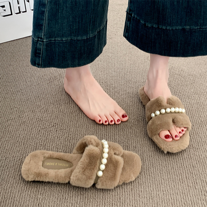 法式平底毛毛拖鞋女外穿2025新款秋冬加绒毛毛鞋高级感居家棉拖鞋