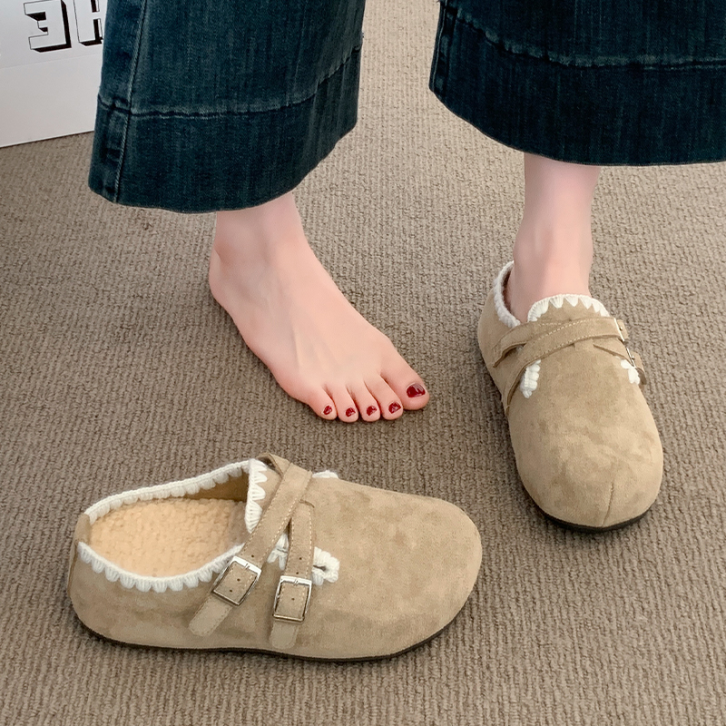 厚底加绒勃肯鞋女一脚蹬包头半拖鞋外穿2025秋冬新款毛毛棉拖鞋子