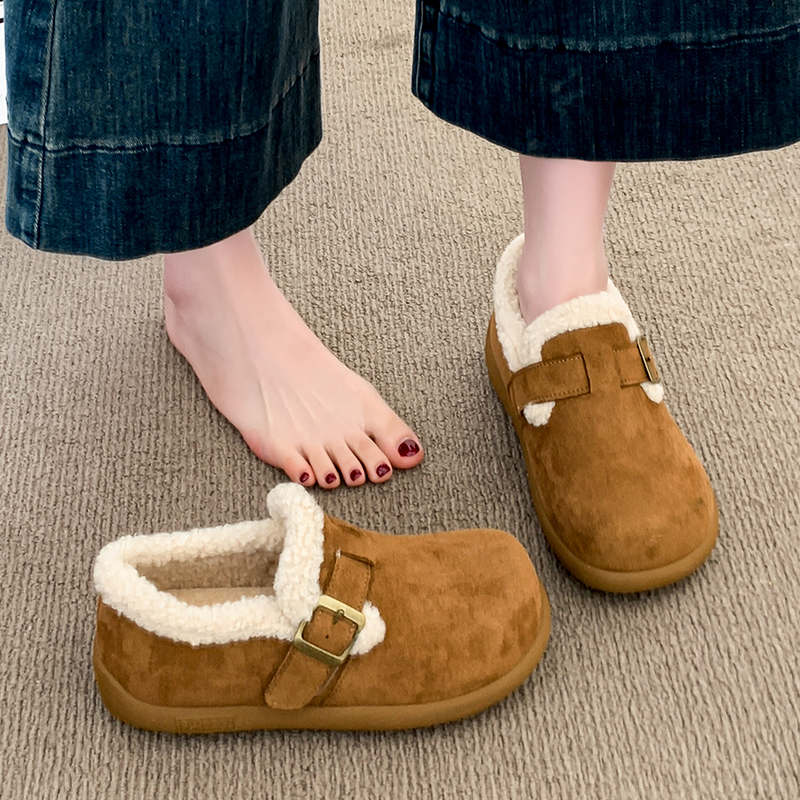 厚底增高加绒勃肯鞋一脚蹬毛绒棉鞋女鞋2025新款冬季雪地靴乐福鞋