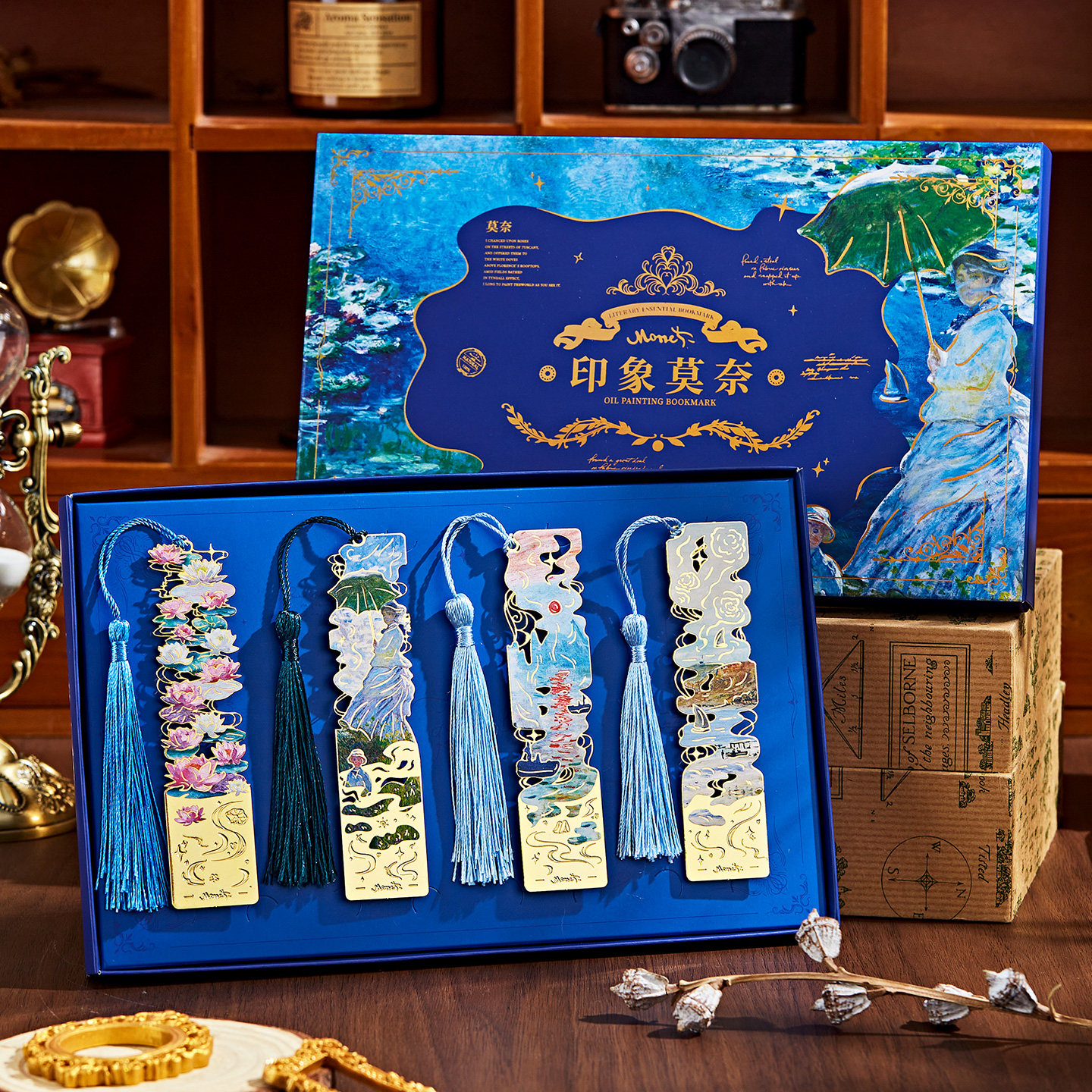 莫奈睡莲复古油画书签礼盒定制高档精致金属书签古典创意高颜值生日礼物女生文创伴手礼学生奖励文具毕业礼品图片