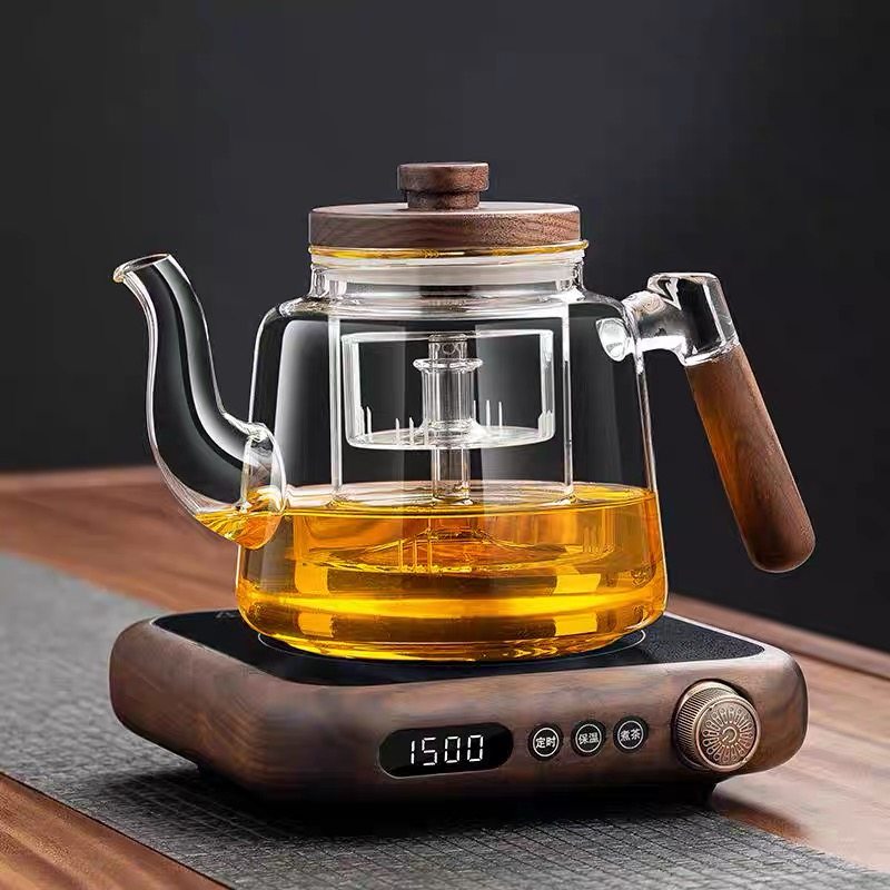 新款北美胡桃木电陶炉防爆高硼硅玻璃煮茶壶养生壶炖煮一体煮茶炉
