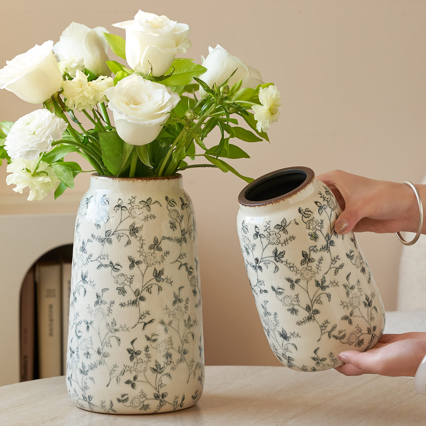 新中式陶瓷花瓶水墨碎花纹圆形水培插花鲜花客厅装饰品摆件高级感,鲜花速递/花卉仿真/绿植园艺,花瓶,淘宝优惠券,粉丝福利购,淘宝优惠卷