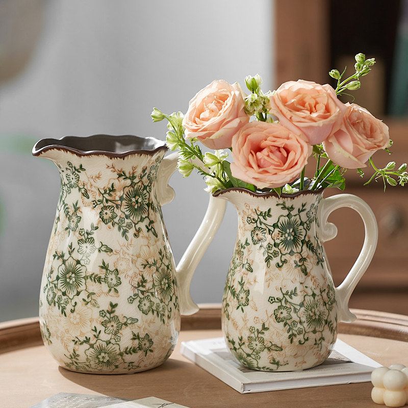 美式复古冰裂手提奶壶陶瓷花瓶摆件田园风水养插花装饰花器高级感,鲜花速递/花卉仿真/绿植园艺,花瓶,淘宝优惠券,粉丝福利购,淘宝优惠卷