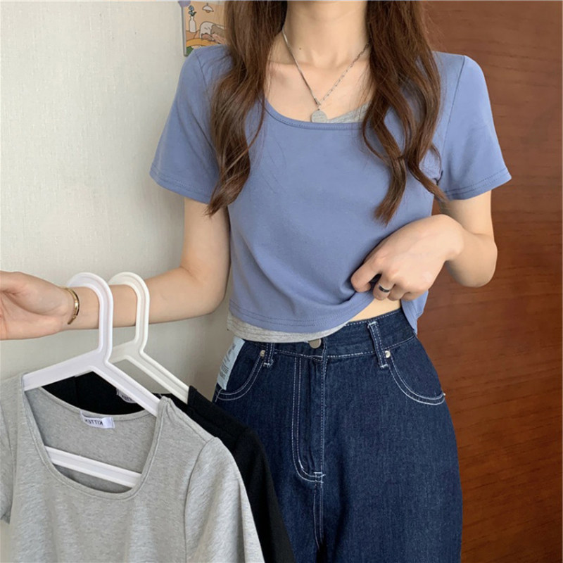 FAKE TWO-PIECE SHORT-SLEEVED T-SHIRT WOMENS SUMMER 2023 NEW DESIGN SENSE NICHE SWEET COOL HIGH-WAISTED CROPPED TOP INS TREND