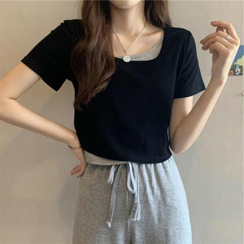 FAKE TWO-PIECE SHORT-SLEEVED T-SHIRT WOMENS SUMMER 2023 NEW DESIGN SENSE NICHE SWEET COOL HIGH-WAISTED CROPPED TOP INS TREND