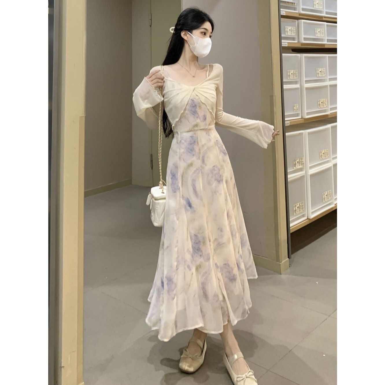 实拍~大码2024新款水墨印花吊带连衣裙夏季新款仙女修身开衫套装