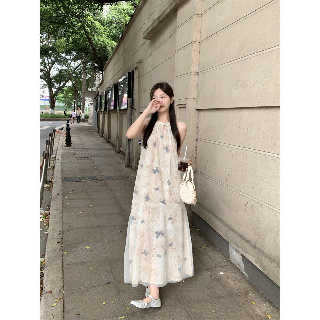 kumikumi新中式蝴蝶印花盘扣挂脖连衣裙女夏季重工茶歇裙A字裙子
