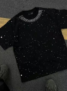 清仓捡漏~外贸尾货余货100%纯棉美式满天星印花短袖T恤男宽松夏季