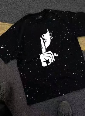 清仓捡漏~外贸尾货余货100%纯棉美式满天星印花短袖T恤男宽松上衣