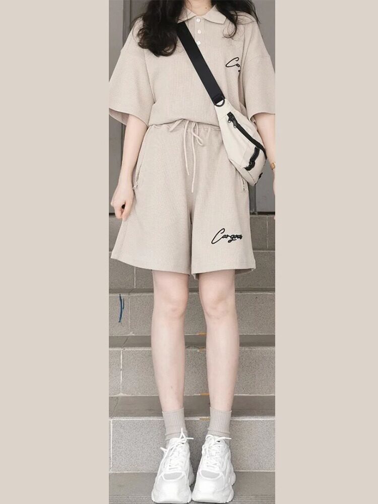 学院风运动服套装女夏季学生宽松休闲运动套装