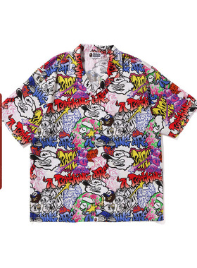 BAPE男装春夏满印彩色字母涂鸦图案短袖衬衫132055K