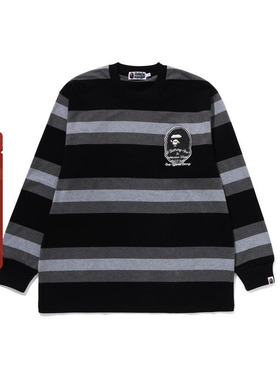 BAPE男装秋冬字母刺绣猿人毛巾绣标条纹图案长袖T恤X11052L