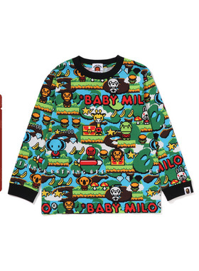 BAPE童装24年秋冬像素游戏卡通小猴BABY MILO图案长袖T恤311005N