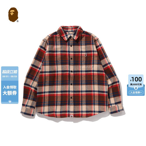 BAPE猿人刺绣标格纹图案长袖衬衫