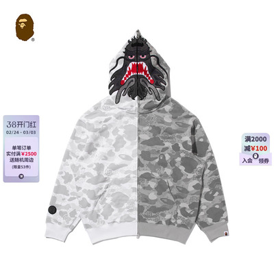 BAPE X CLOT联名男装秋冬迷彩纹理图案鲨鱼连帽卫衣917151P