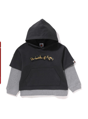 BAPE童装春夏迷彩字母印花假两件拼接袖连帽卫衣314002M