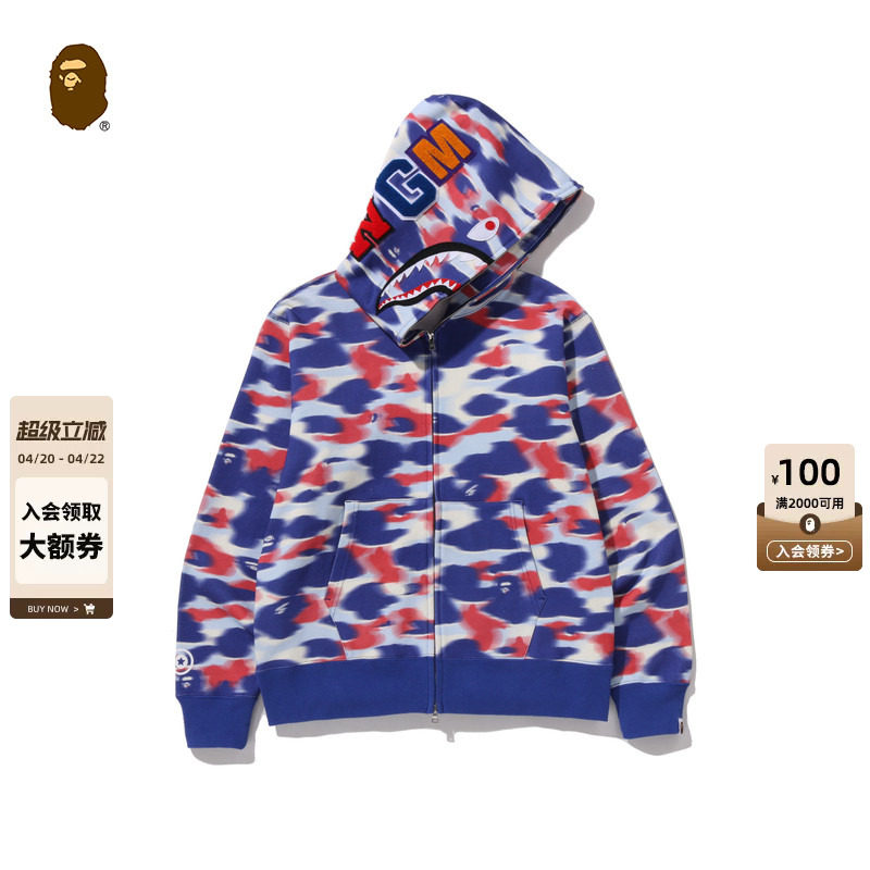 BAPE男装26年春夏足球运动风迷彩图案鲨鱼连帽卫衣开衫304151Q