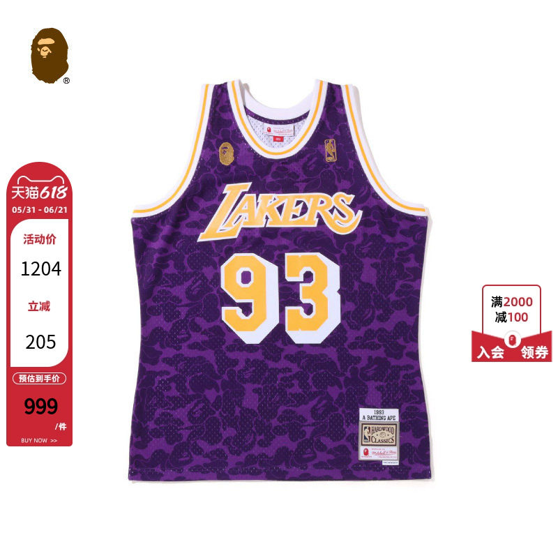 BAPE X M&N联名男女装NBA洛杉矶湖人队迷彩球衣篮球背心108901I