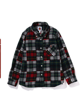 BAPE童装秋冬猿人刺绣标格纹拼接图案长袖衬衫331004L