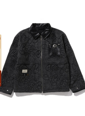 BAPE BLACK男装秋冬羊毛呢刺绣羊皮领工装风拉链夹克外套307401P