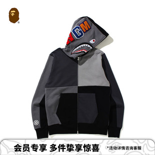 BAPE男装秋冬鲨鱼WGM字母贴布色块拼接连帽拉链卫衣外套115005H