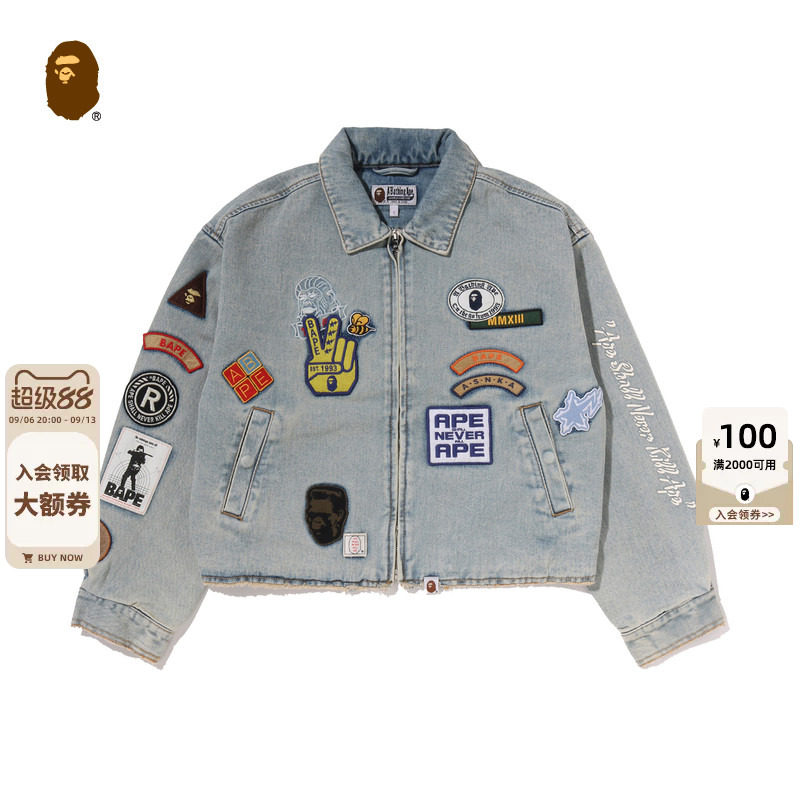 BAPE女装秋冬猿人星标多图案刺绣徽章牛仔外套303402R