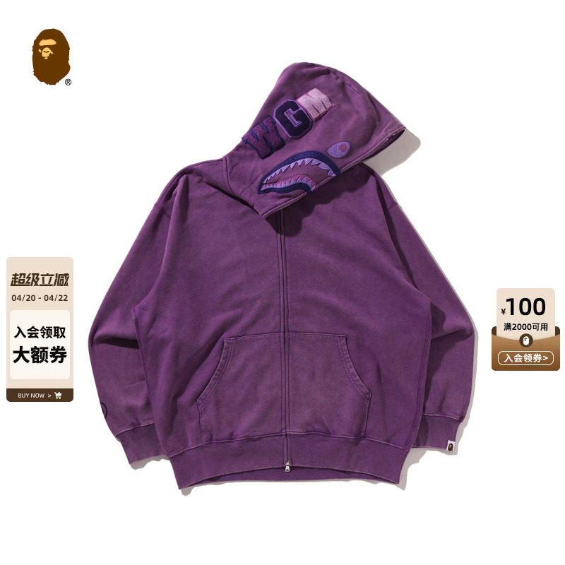 BAPE男装26年春夏做旧感图案全拉链鲨鱼连帽卫衣开衫外套306151Q