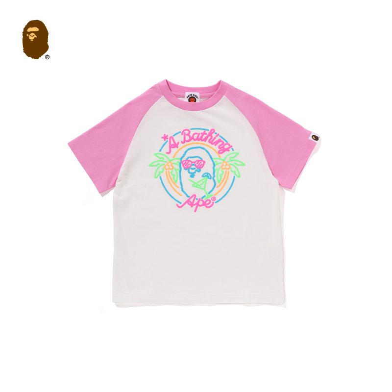BAPE童装25年春夏猿人字母霓虹印花插肩短袖T恤008093O