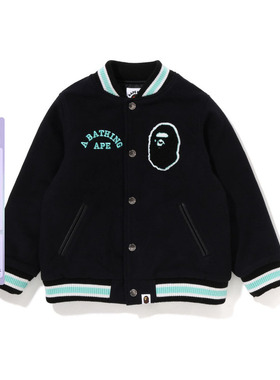 BAPE童装秋冬猿人贴布字母刺绣毛呢撞色棒球服外套341001J