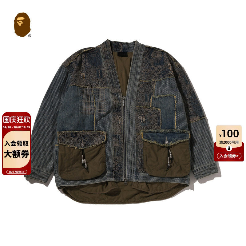 BAPEBLACK刺子绣牛仔和服夹克