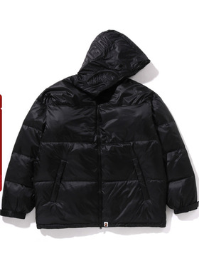 BAPE男装24年秋冬同色系鲨鱼刺绣光面宽松连帽羽绒服144002N