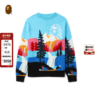 BAPE 猿人户外景色图案刺绣提花羊毛针织毛衣T4300ML BLACK男装