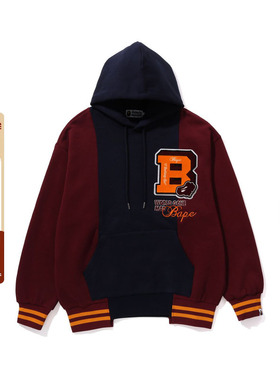 BAPE男装秋冬猿人字母印花图案拼接拼色不规则连帽卫衣X14054L