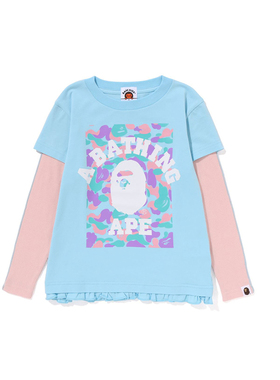 BAPE童装春夏猿人字母迷彩印花花边拼色假两件长袖T恤311003K