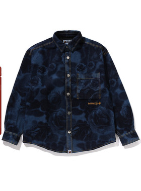 BAPE男装24年秋冬猿人字母刺绣暗纹花卉迷彩牛仔衬衫131302N