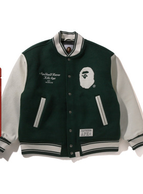 BAPE男装秋冬猿人羊毛呢拼接迷彩皮袖棒球夹克外套X41301N