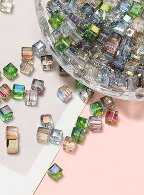 6mm水晶切面电镀彩方块珠穿孔珠子散珠diy手工串珠手机链包链材料