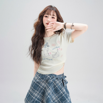 黄色可爱卡通印花短袖T恤女2025