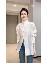 春季新中式上衣轻熟薄款小众设计感别致气质白色刺绣长袖衬衫女装