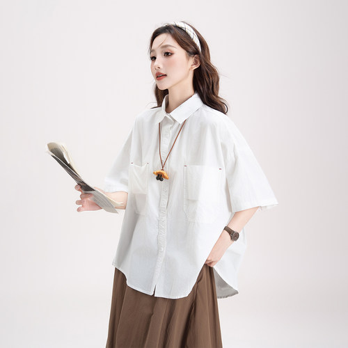日系白色多口袋设计短袖衬衫女夏