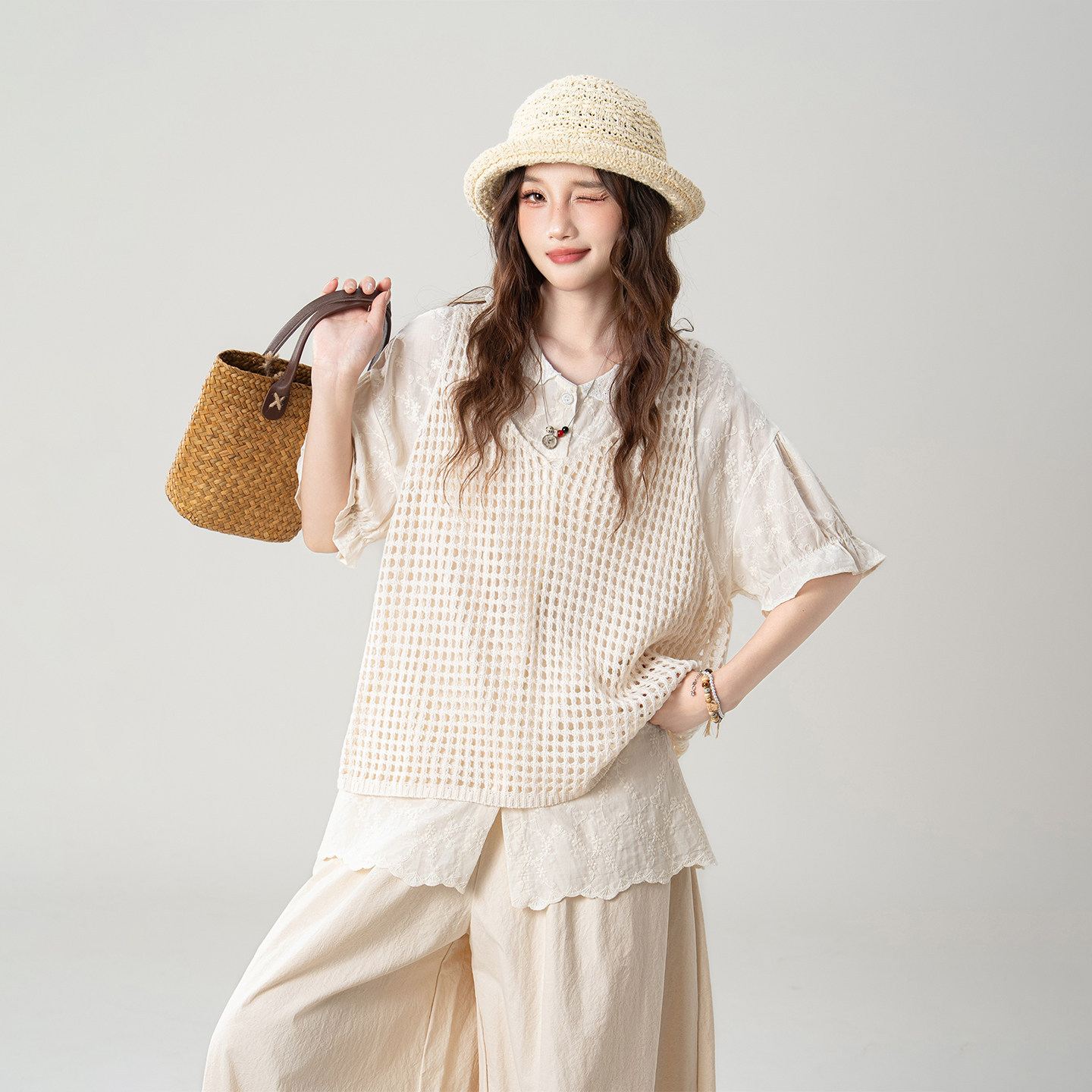 【森系治愈】针织马甲背心女夏季穿搭刺绣短袖衬衫阔腿裤温柔套装