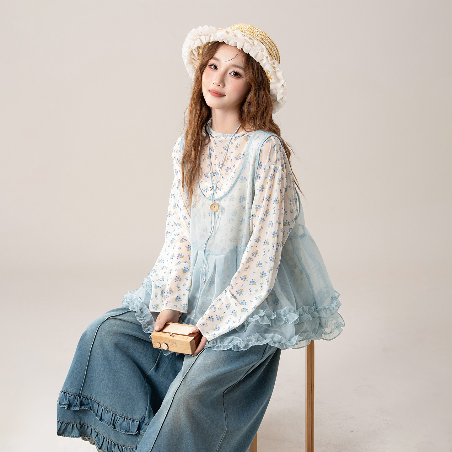 【蓝韵诗意】蓝色雪纺马甲背心女夏季新款木耳边宽松叠穿甜美上衣
