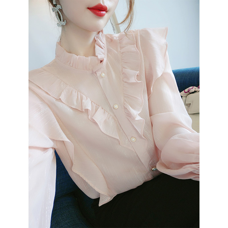 尚维洛2020早秋新款灯笼袖衬衫女荷叶边雪纺衫长袖木耳领气质衬衣