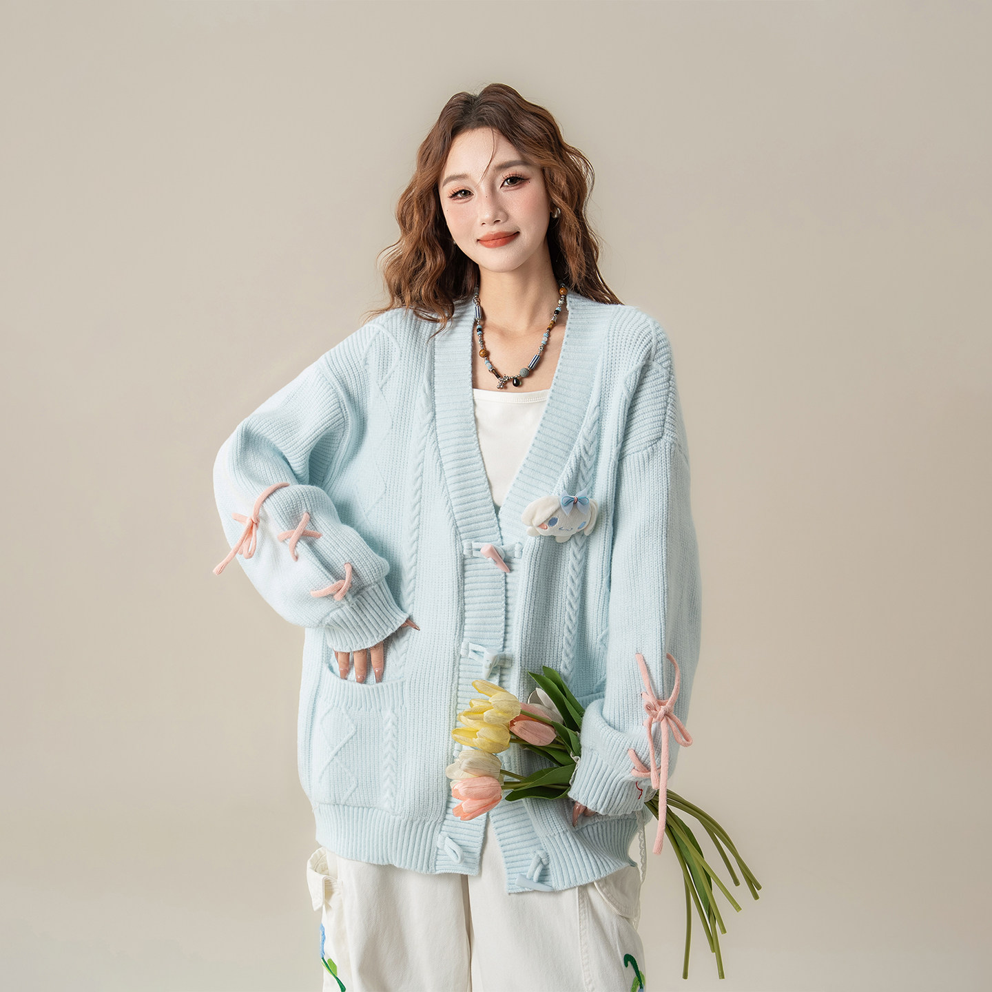 韩版甜美蓝色V领长袖毛衣女春季新款温柔分麻花针织开衫宽松上衣