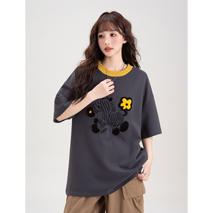 洋气绣花中长款 短袖 时尚 t恤女夏季 bf慵懒风休闲宽松上衣 2025新款