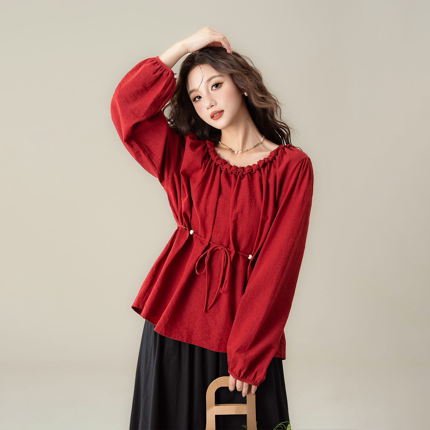 法式红色百褶领长袖衬衫女秋季新