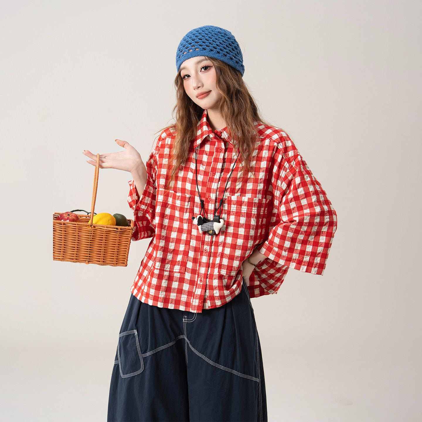 【红韵格纹】复古红色七分袖衬衫女夏季新款宽松显瘦休闲文艺上衣