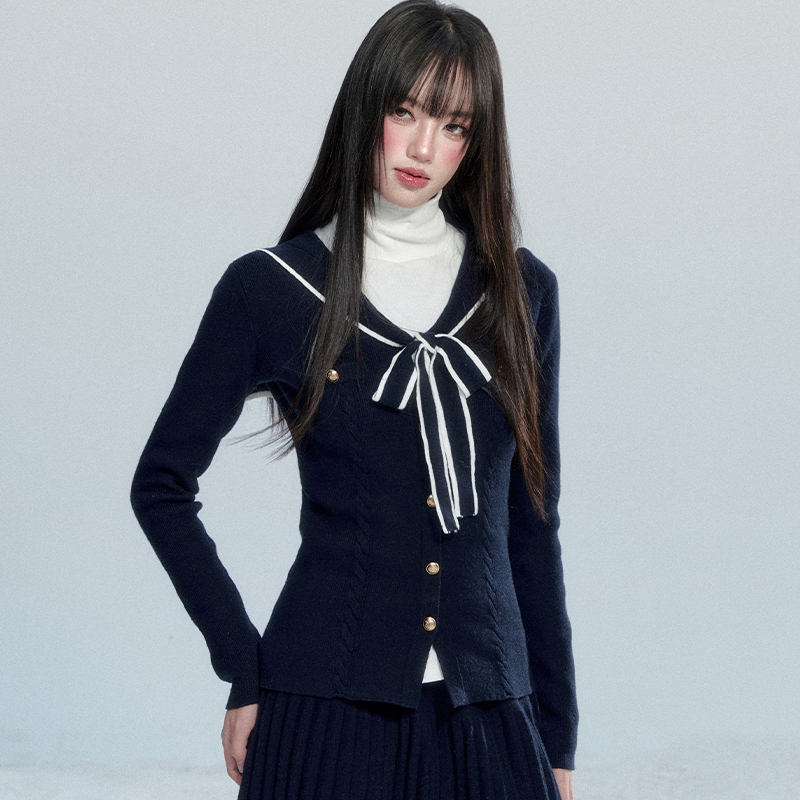 fragileheart易碎商店·海屿信步 海军领蝴蝶结收腰软糯针织上衣