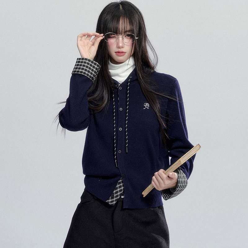 fragileheart易碎商店·韩系新款格子拼接开衫外套连帽针织上衣