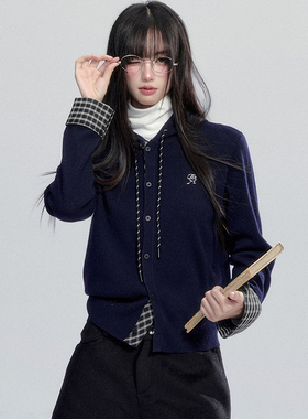 【现货】易碎商店·韩系新款格子拼接开衫外套通勤风连帽针织上衣